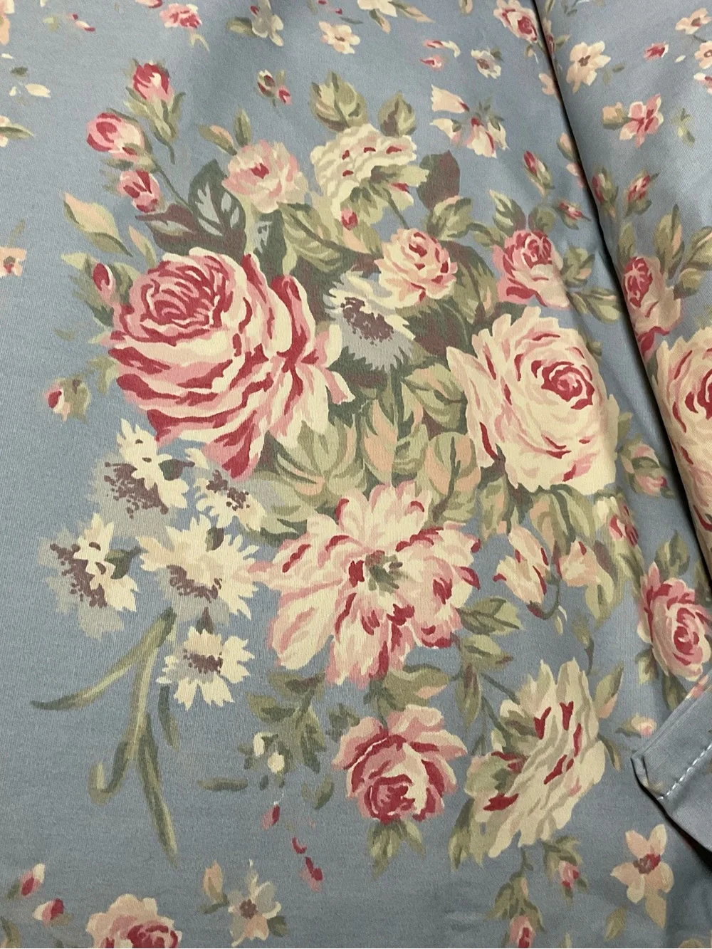 Ralph Lauren Blue Floral King Flat Sheet with Pink Rose Pattern Shelter Island